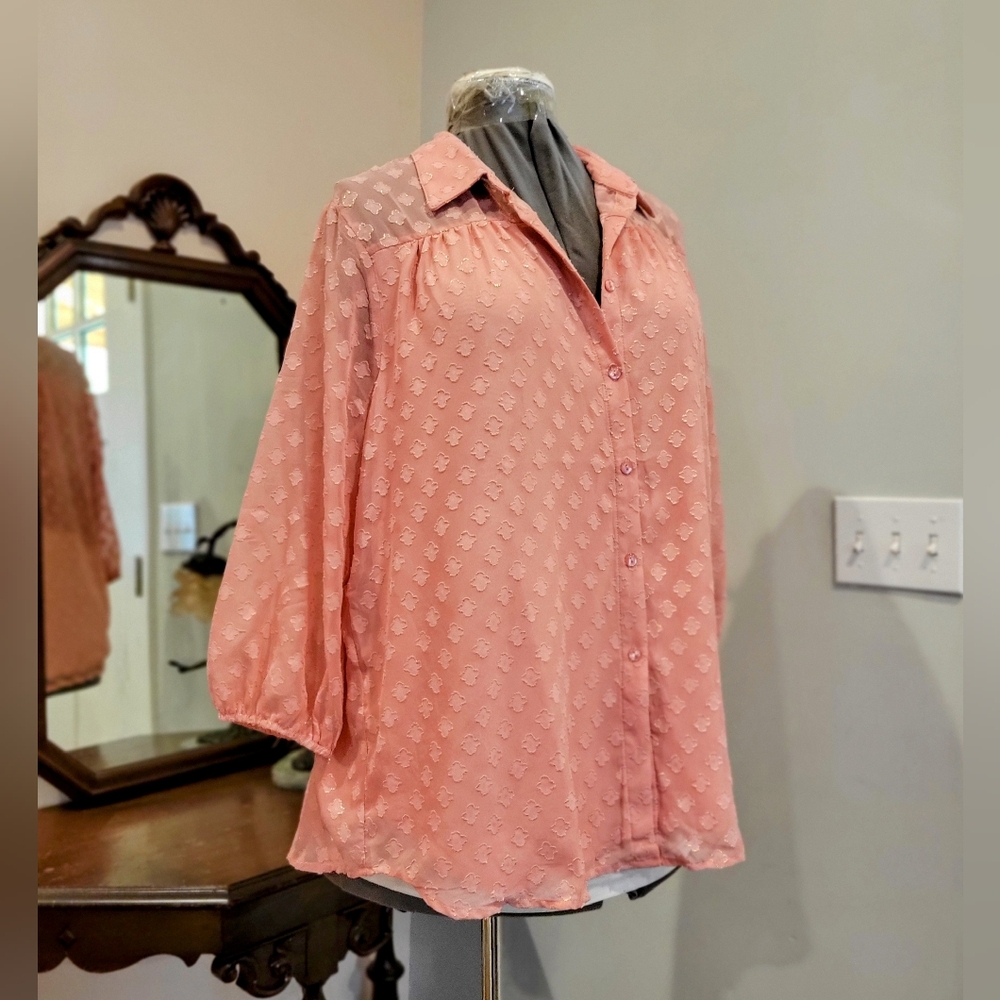 NWT 1X or 2X Pink Foiled Jacquard Chiffon Blouse